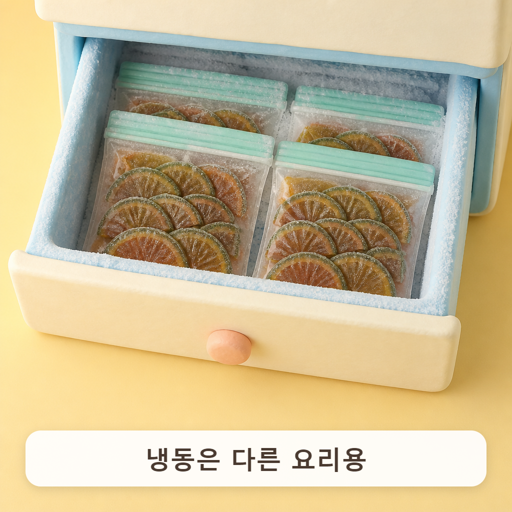 서리 낀 냉동실 서랍 안에 납작하게 얼려 둔 묵 봉지