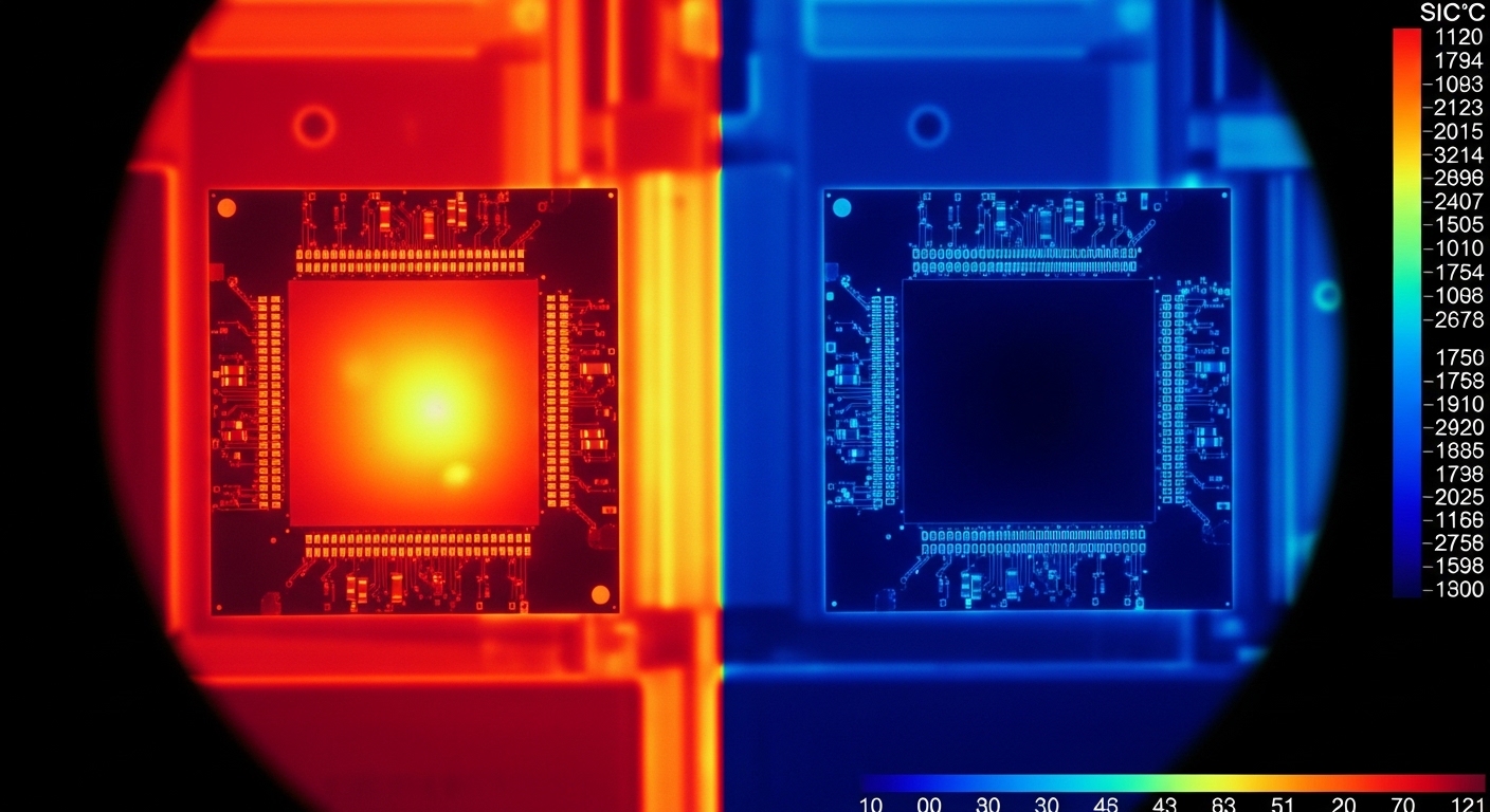 Image comparing a hot red silicon chip and a cool blue SiC chip using a thermal imaging camera.