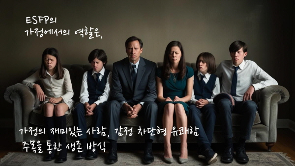 ESFP의 가정에서의 역할은 가정의 재미있는 사람, 감정 차단형 유쾌함, 주목을 통한 생존 방식에 관한 그림