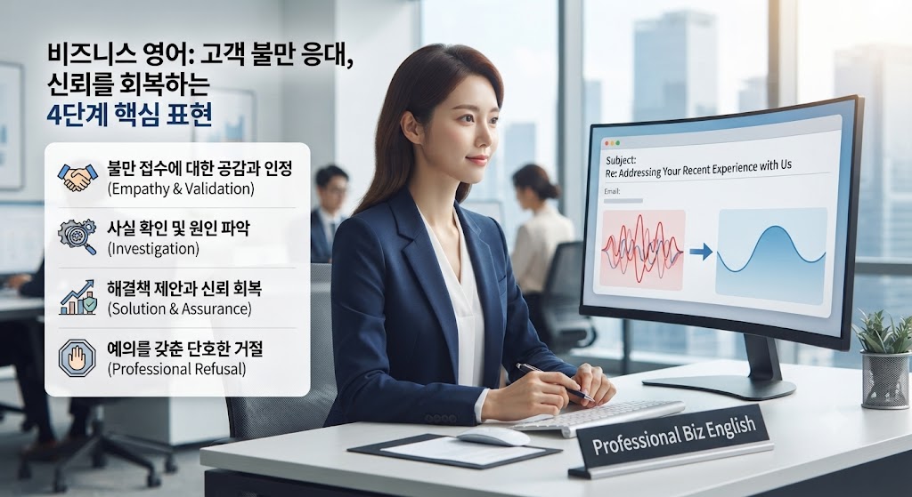 Professional business email guide for handling customer complaints, showing a 4-step communication strategy with empathy, investigation, solution, and professional refusal.