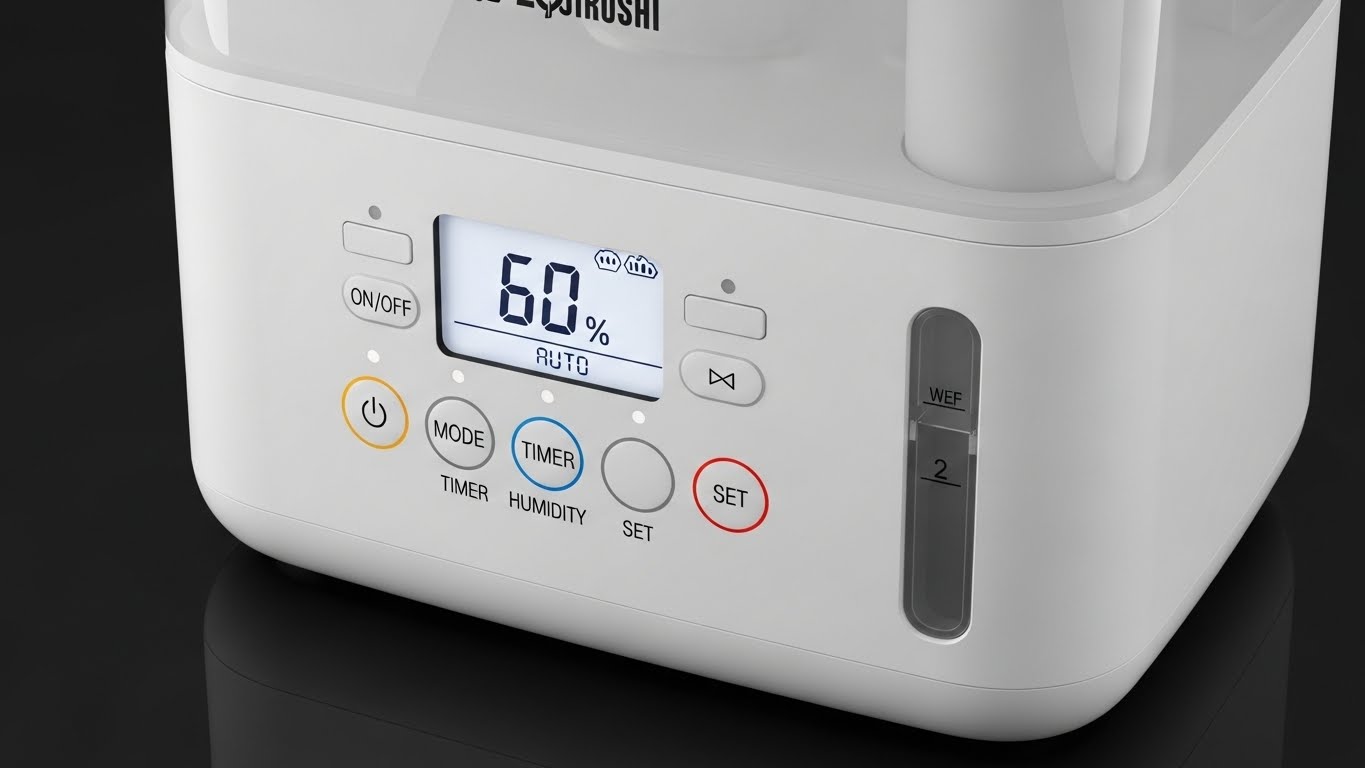 컨트롤 패널의 클로즈업 샷과 조지루시 EE-DVH35K-WM 가습기의 세련된 디자인 특징. 직관적인 버튼과 디지털 디스플레이를 강조합니다.