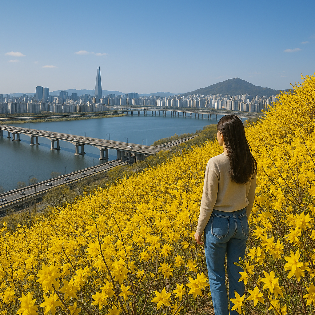 서울 응봉산 개나리꽃 만발한 사진