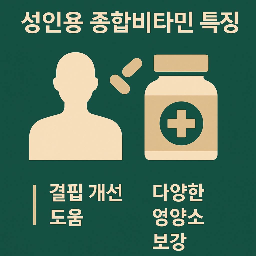 영양 결핍 개선과 다양한 영양소 보강 효과를 간결하게 정리한 성인용 종합비타민 정보 이미지