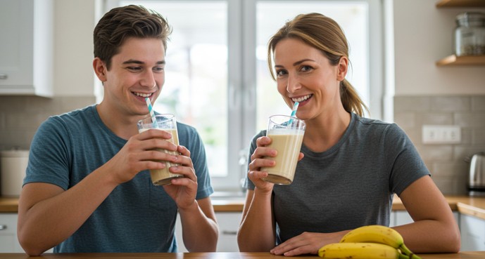 운동 후 단백질 쉐이크를 마시는 모습