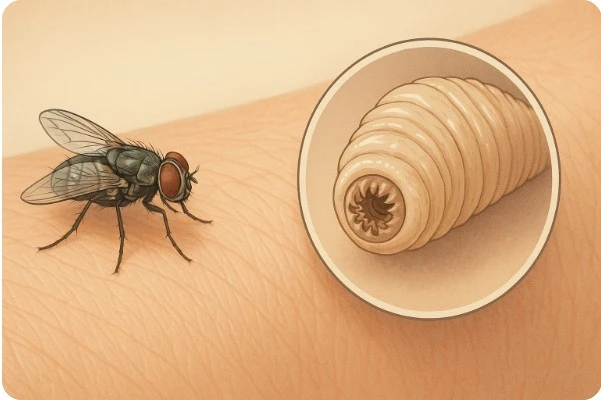 사람 피부위 파리와 확산된 나사벌레 유충