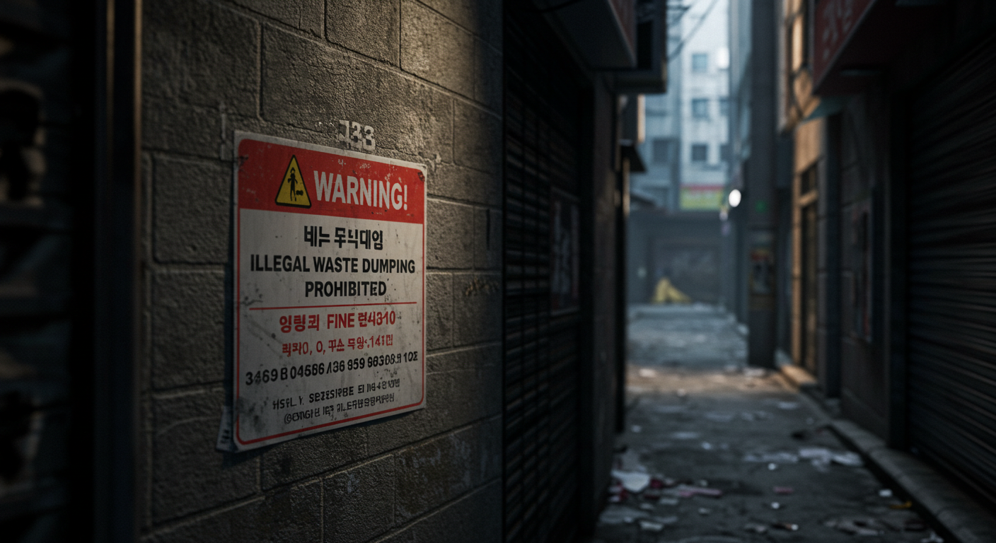 한국 도시 골목에 설치된 CCTV와 무단 투기 경고 표지판