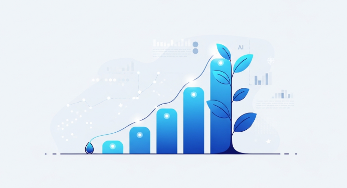 AI 비서와 함께 목표 달성률이 성장하는 것을 시각화한 진척도 그래프와 식물 이미지