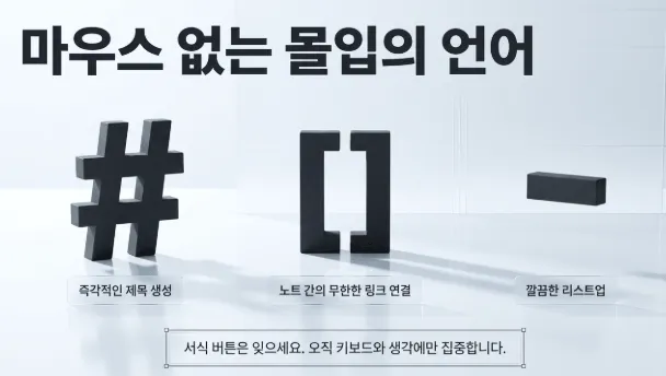 옵시디언 마크다운 핵심 문법 3가지를 시각화한 이미지. 샵 기호로 즉각적인 제목 생성과 대괄호로 노트 간 무한한 링크 연결 그리고 하이픈으로 깔끔한 리스트업이 가능하며 서식 버튼 없이 키보드와 생각에만 집중하는 몰입의 언어임을 전달함 (Obsidian markdown syntax heading link list keyboard focus)