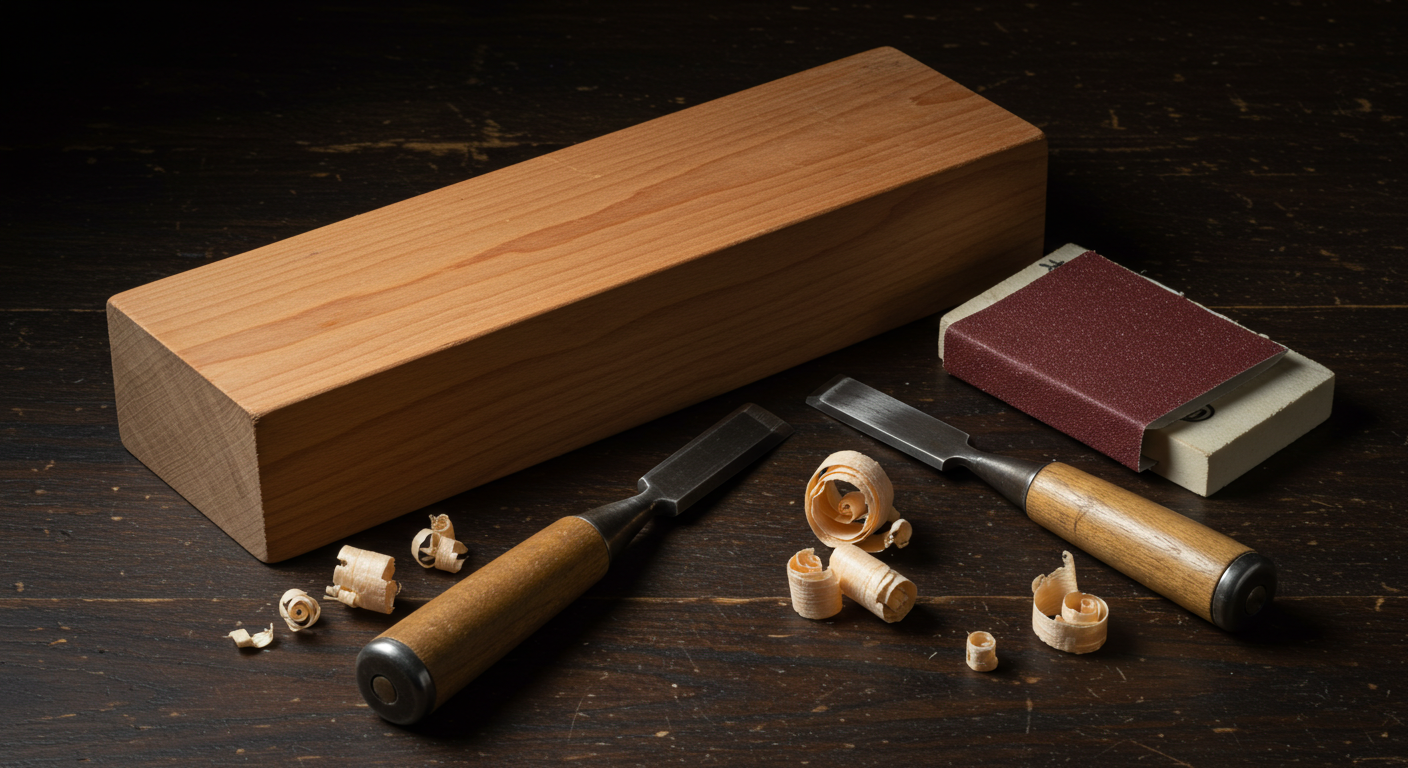 편백나무 조각과 전통 목공 도구