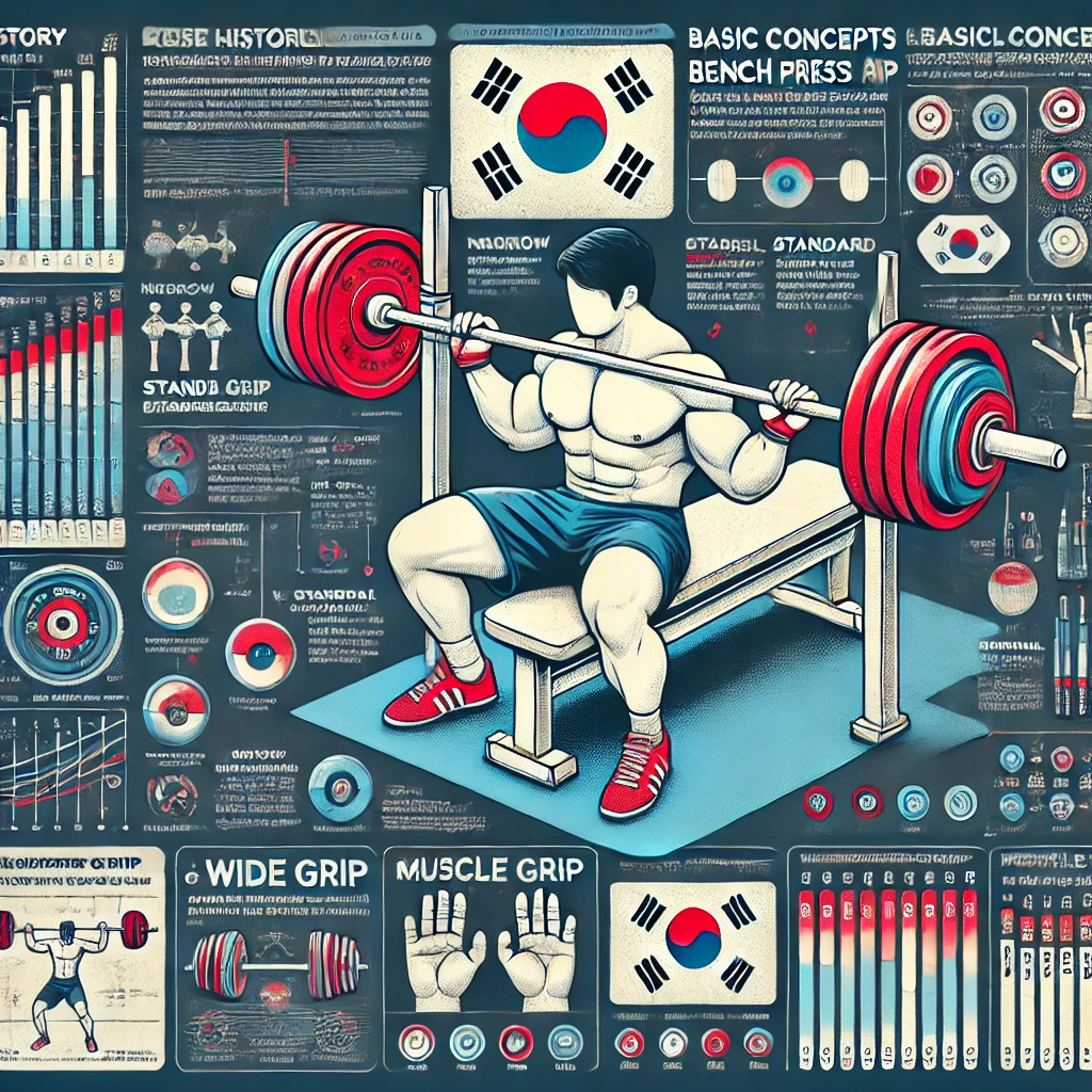 한국 스타일 인포그래픽, 벤치프레스 그립 종류, 좁은 그립, 표준 그립, 넓은 그립, 근육 활용 영역, 전통 한국 디자인 요소 포함
