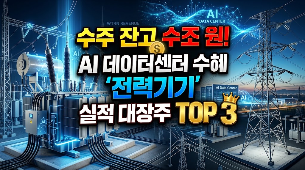 초고압 변압기나 대형 전력망 철탑 배경에 "수주 잔고 수조 원! AI 데이터센터 수혜 '전력기기' 실적 대장주 TOP 3" 문구가 들어간 썸네일.