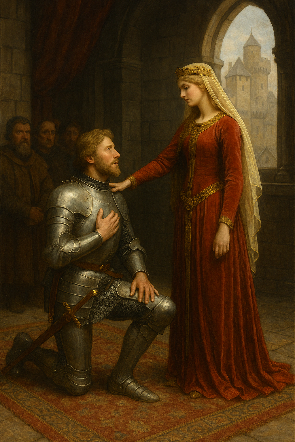 중기사가 귀부인 앞에서 기사도의 맹세를 하는 장면