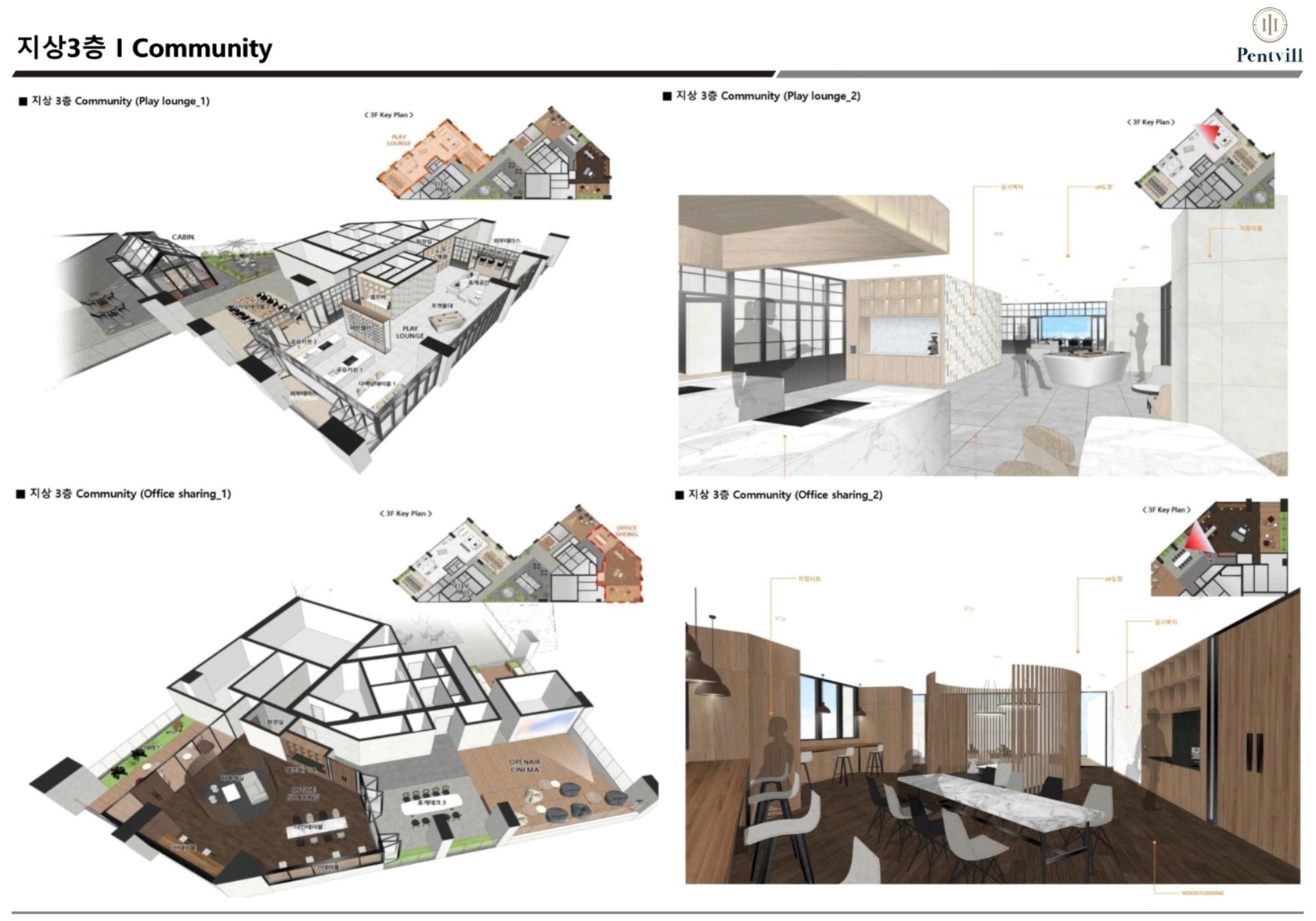 3층 커뮤니티 공간의 플레이 라운지와 오피스 셔링 회의장 오픈에어 영화관 등등