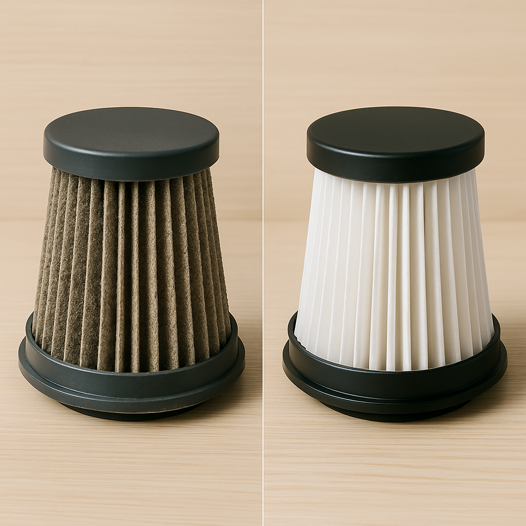 두 개의 원통형 청소기 필터가 나란히 놓여 있고, 왼쪽은 먼지로 심하게 오염된 상태이며 오른쪽은 새것처럼 깨끗한 상태임