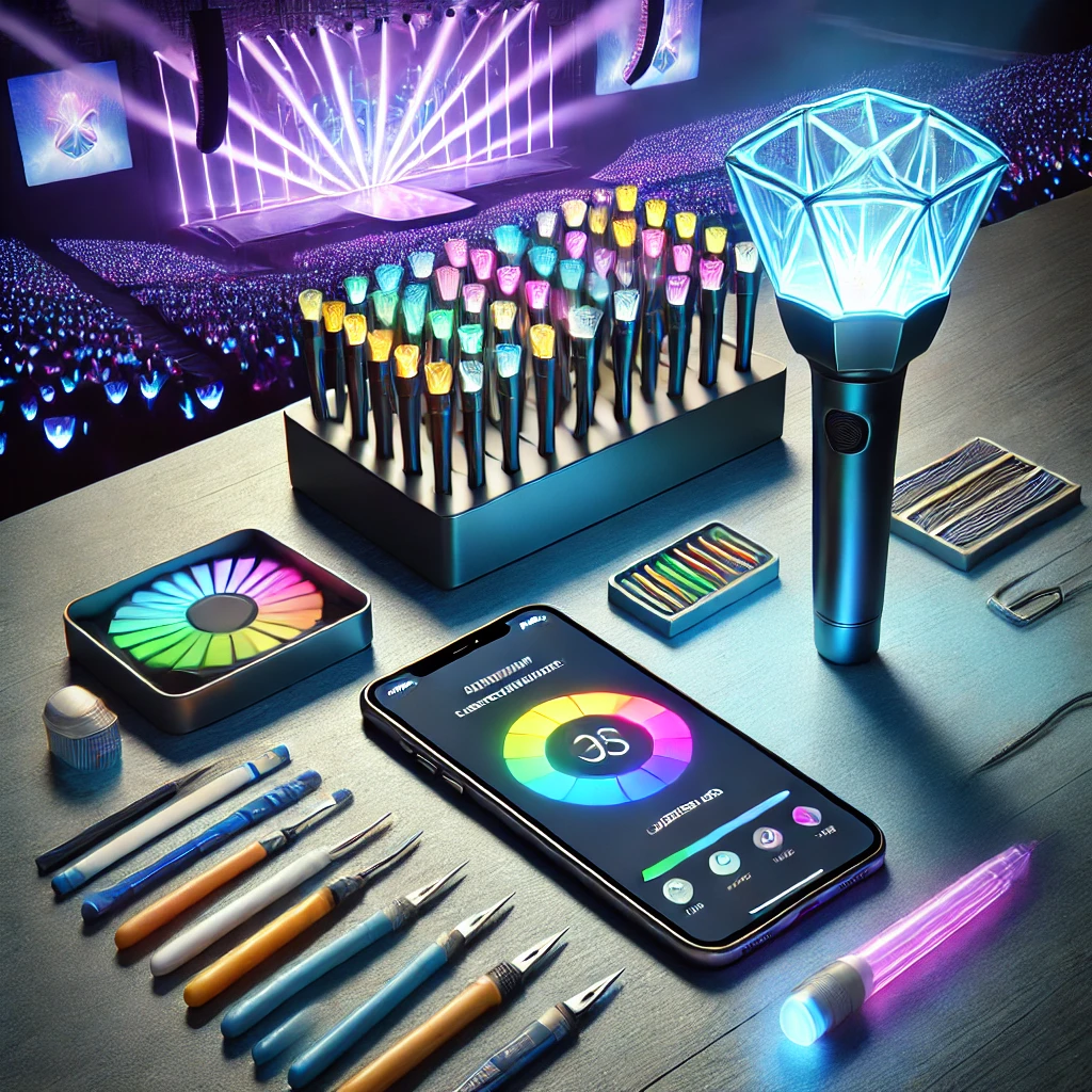 스마트폰 앱으로 설정된 팬 색상의 응원봉과 콘서트 준비 모습