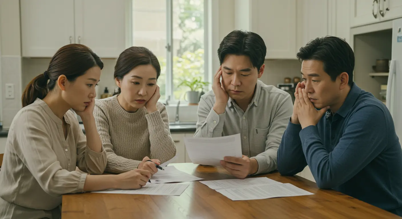 가족이 생계지원금 서류를 보면 상의하는 장면