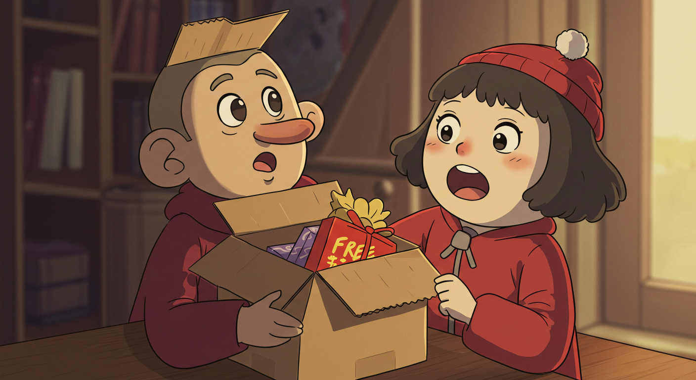 무상 사은품을 받고 놀라는 소비자 캐릭터