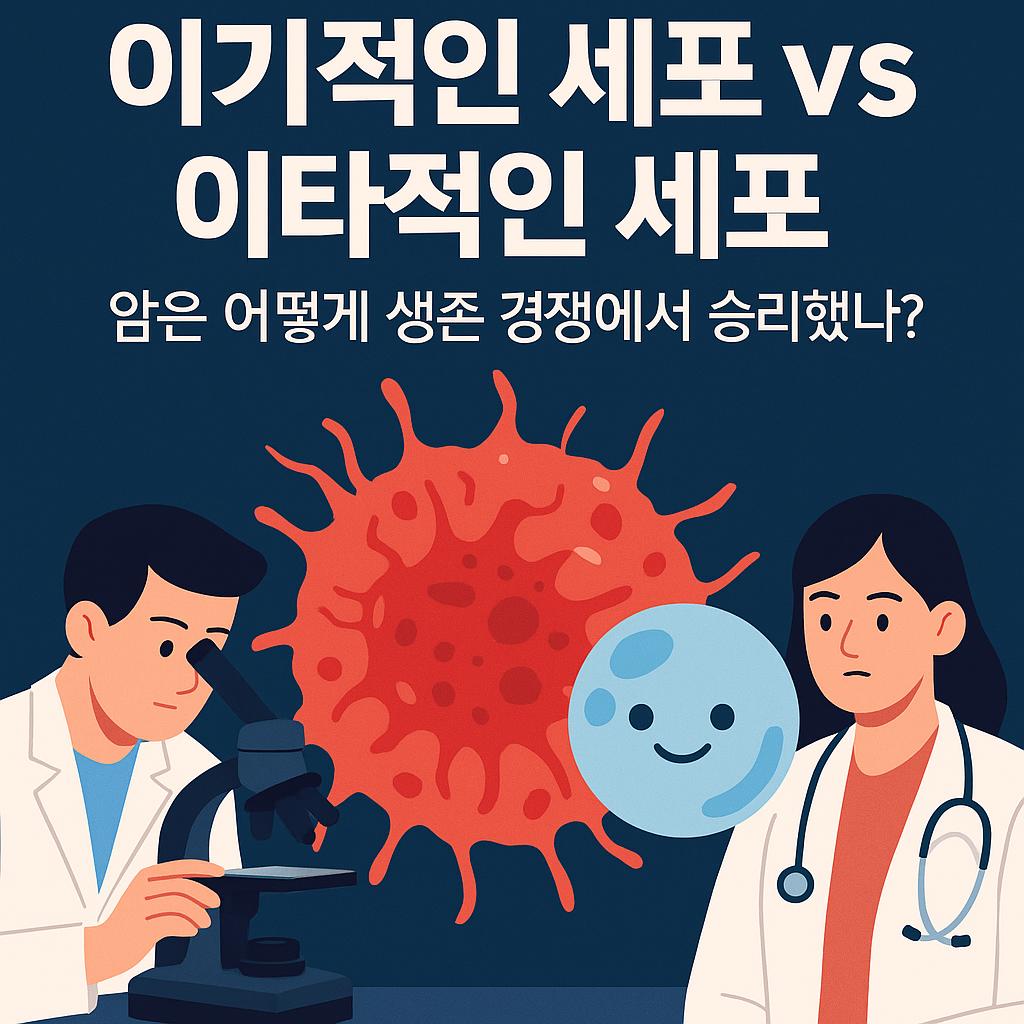 이기적인 암세포의 생존전략을 무력화하기 위한 연구를 하는 의사들의 모습 이미지 만화체 그림