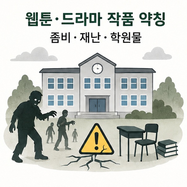 지우학이 학교 좀비 재난을 다룬 웹툰과 드라마 지금 우리 학교는의 약칭임을 설명한 이미지