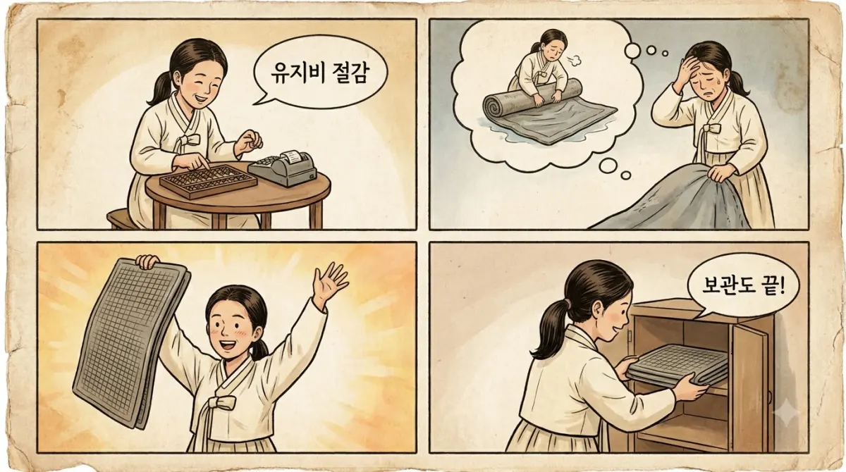 겨울철 난방 가전의 유지비와 보관 편의성을 비교하며 실용적인 결론을 내리는 만화