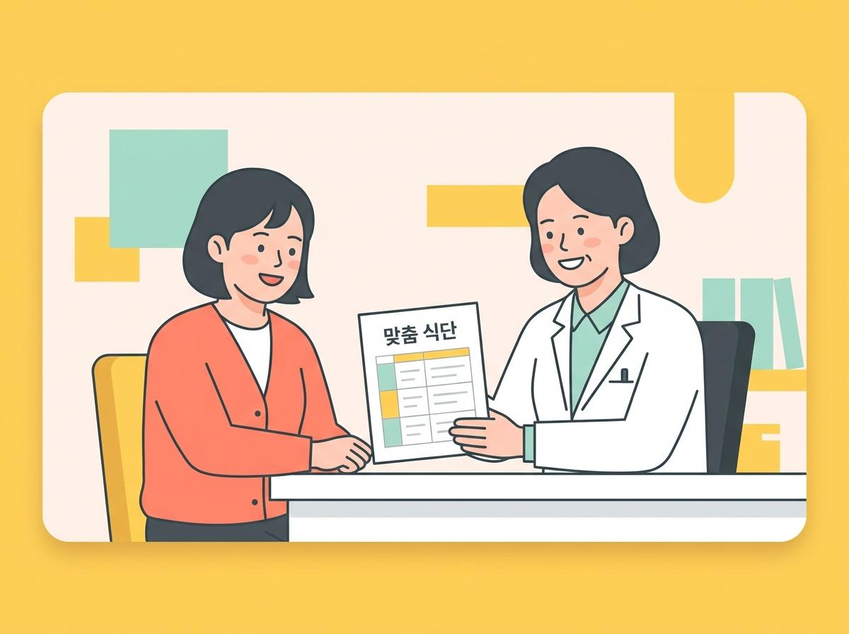 의료진과 환자가 마주 앉아 맞춤형 항암 식단을 상담하는 일러스트