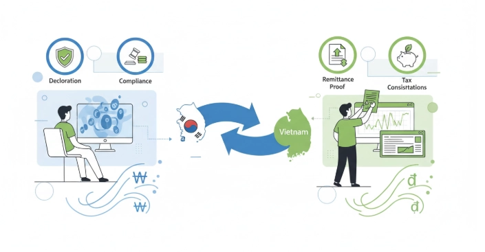 한국에서 베트남으로 자산 이동 시 외환거래법상 해외 직접투자 신고와 송금 증빙 자료 준비 과정을 설명하는 인포그래픽