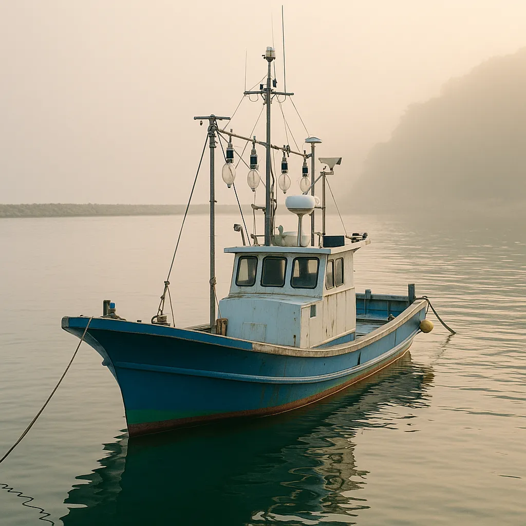 안개 낀 아침 항구에 정박한 어선