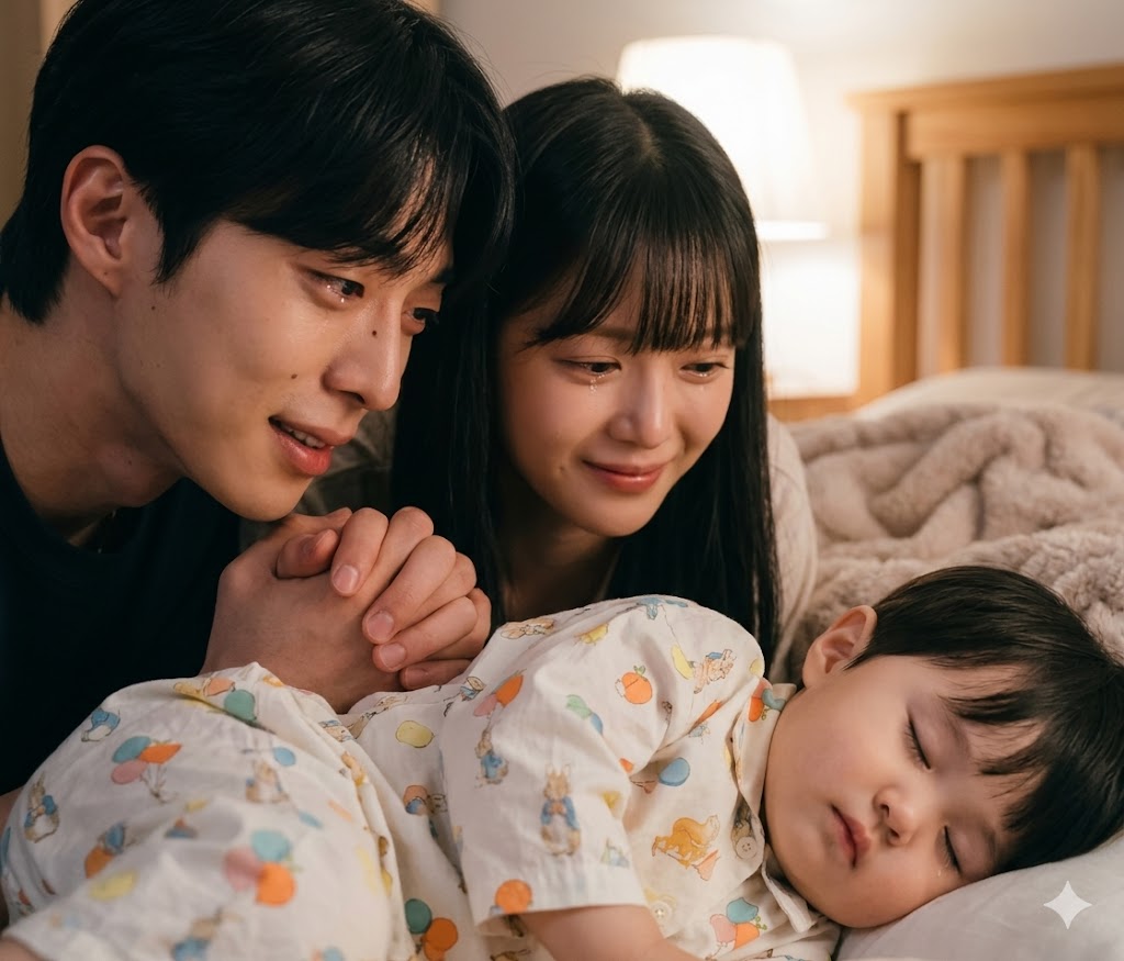 Bae In-hyuk and Roh Jeong-eui holding hands and looking at baby Woo-joo warmly.