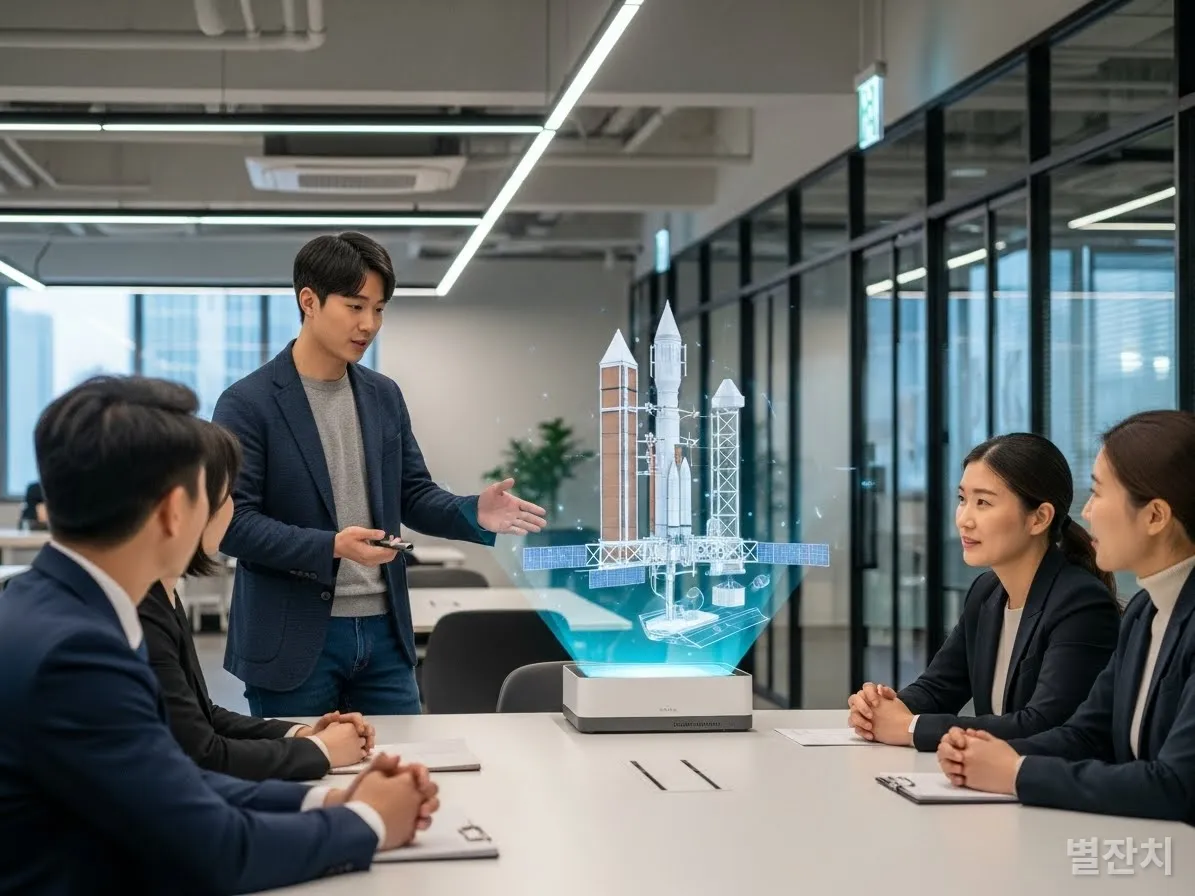 서울의 우주 스타트업 사무실에서 투자자들에게 소형 발사체 비전을 발표하는 젊은 CEO