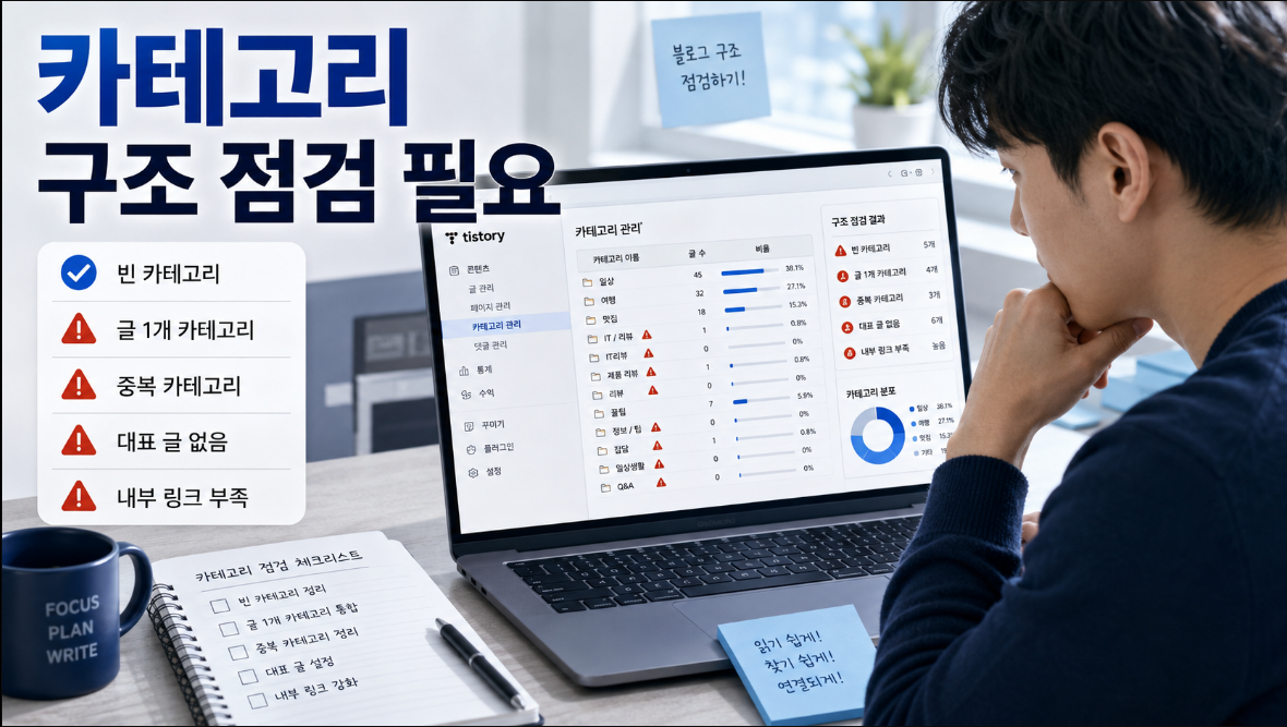 애드센스 승인 전 티스토리 블로그의 카테고리별 글 수와 대표 글 구조를 점검하는 이미지