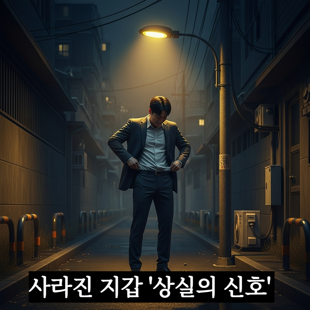 어두운 밤거리 가로등 아래에서 잃어버린 지갑을 찾지 못해 당황하며 주머니를 뒤지는 남성과 바닥에 흩어진 동전들의 우울한 분위기 일러스트