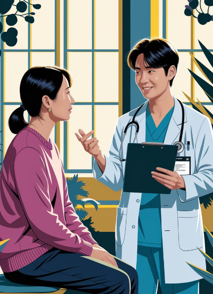 의사와 검사에 대해 이야기를 나누는 환자 모습