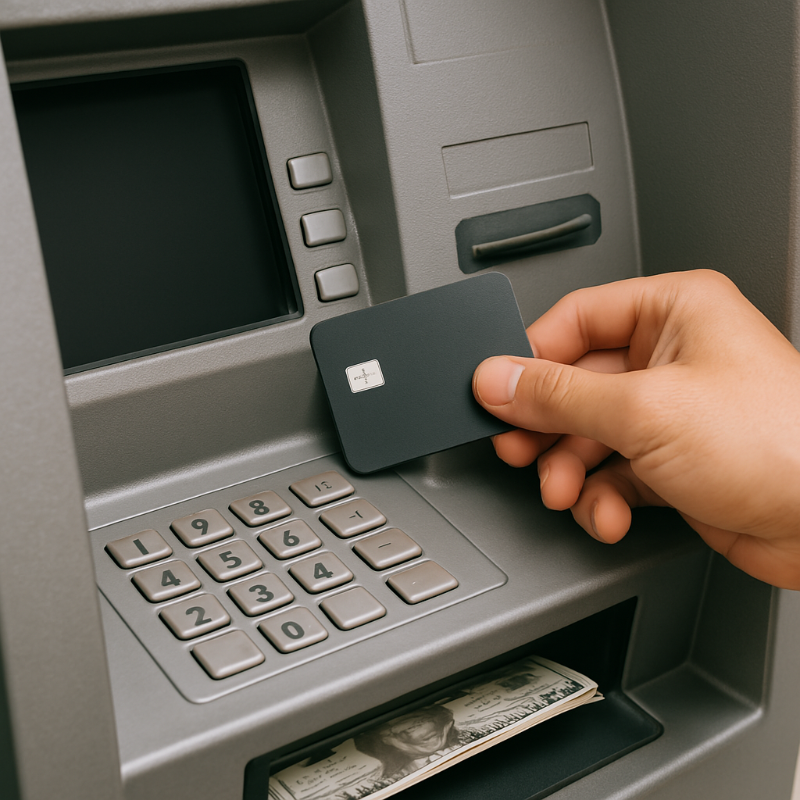 ATM 기계 앞에서 카드로 현금을 인출하는 모습
