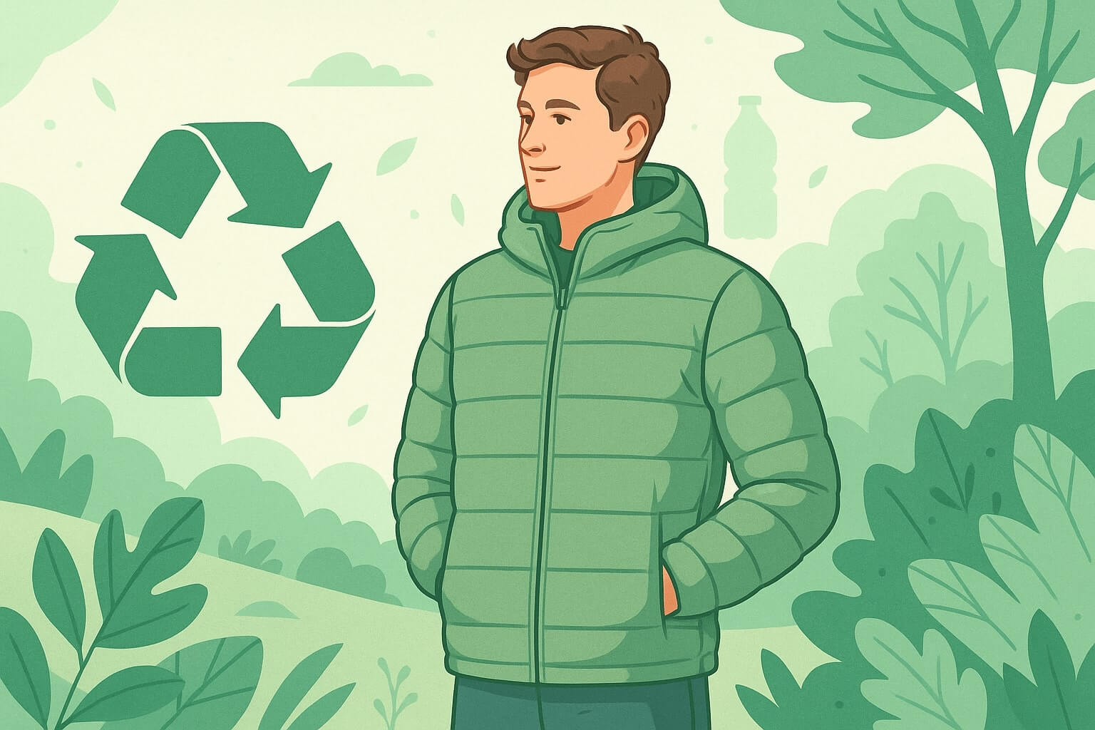 친환경 경량패딩 컨셉 아트와 리사이클 심볼