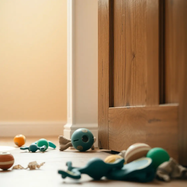 2. 문에 긁힌 자국과 주변에 흩어진 강아지 장난감들, 강아지의 분리불안을 상징하는 스튜디오컷