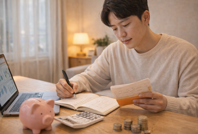 통장과 노트를 보며 저축 계획을 세우는 청년의 모습