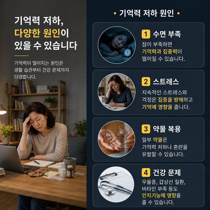 수면 부족과 스트레스, 약물 복용, 건강 상태가 기억력과 집중력에 영향을 줄 수 있음을 보여주는 생활 장면