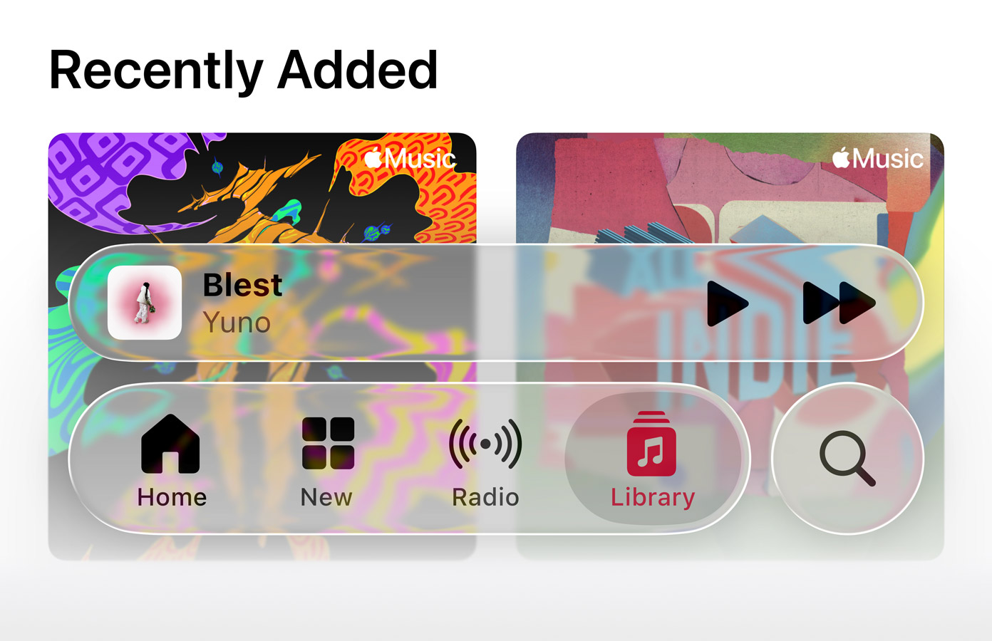 iOS 26 베타 Apple Music 앱의 'Recently Added' 화면. 상단에 최근 추가된 음악 앨범들이 표시되고, 중앙에는 현재 재생 중인 'Blest - Yuno' 트랙이 반투명한 플레이어 바에 표시됨. 하단에는 Home, New, Radio, Library, Search 탭이 있는 네비게이션 바가 투명한 유리 효과로 구현되어 배경이 비치는 모습이 보임.