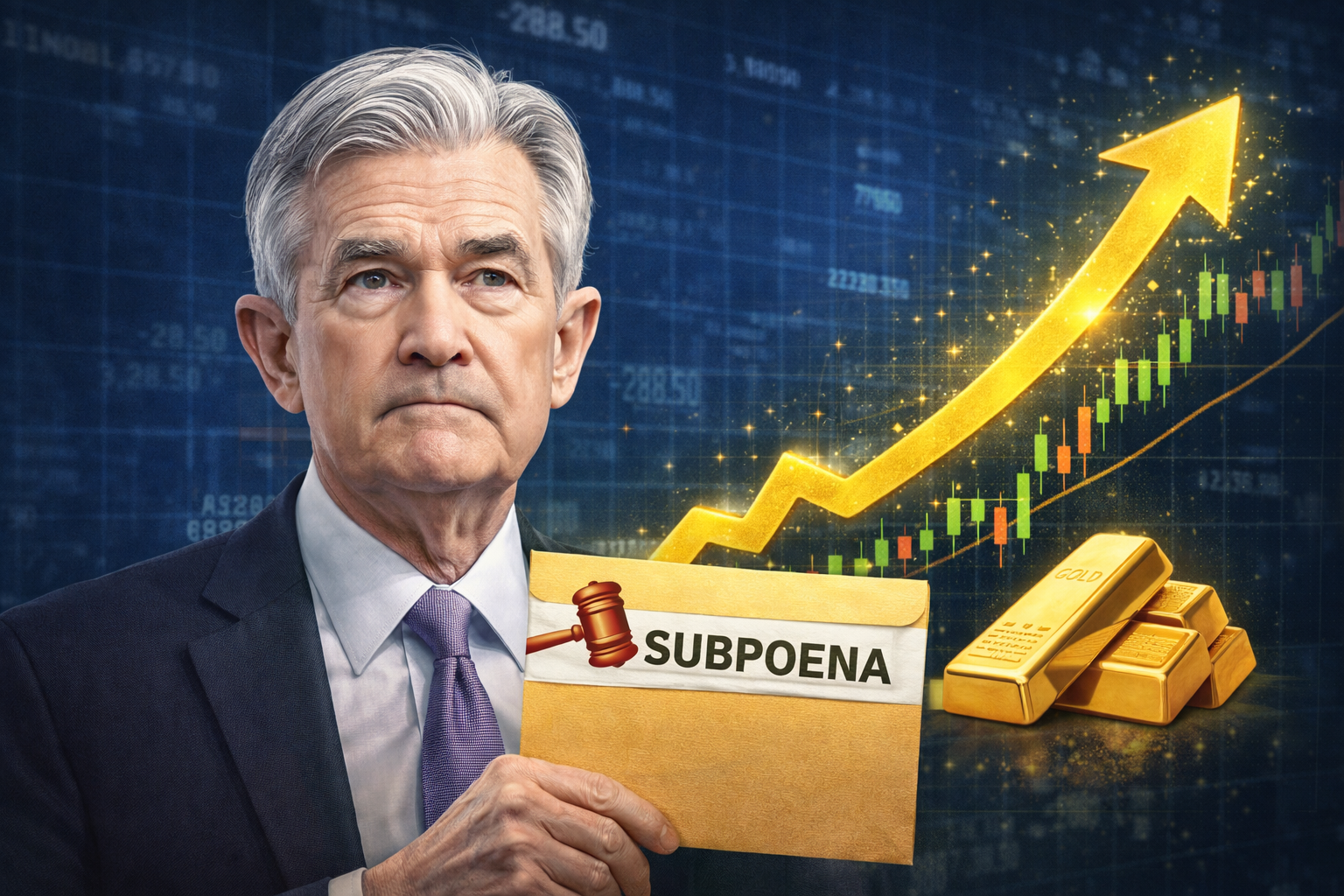 Jerome Powell portrait with subpoena envelope and gavel icon, gold price chart rising.