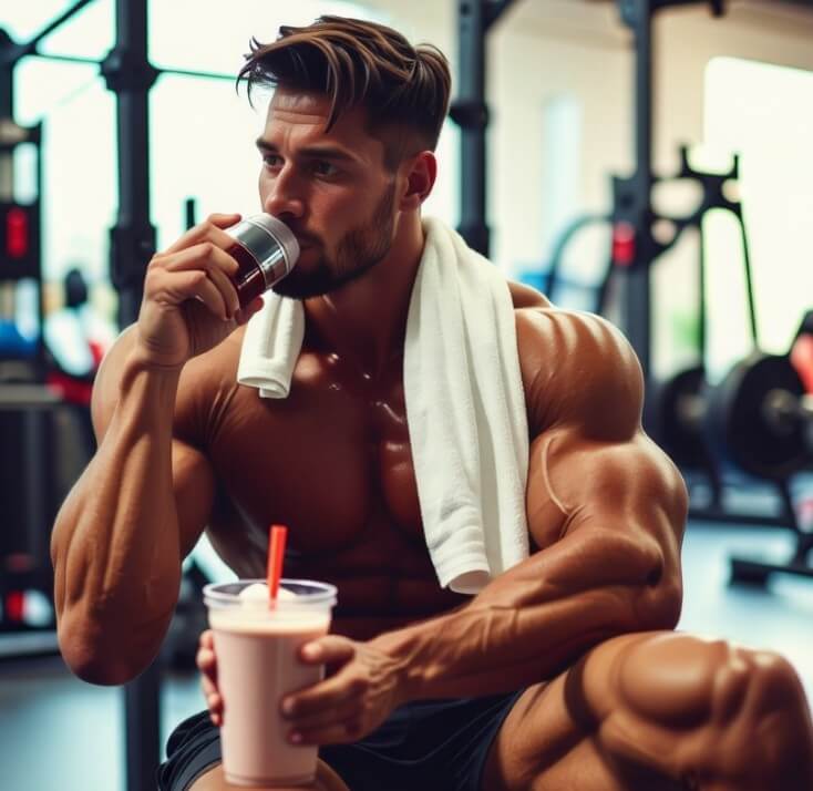 휄스장에서-운동을-하고-난-후-단백질-셰이크를-마시고-있는-남자-사진-입니다.