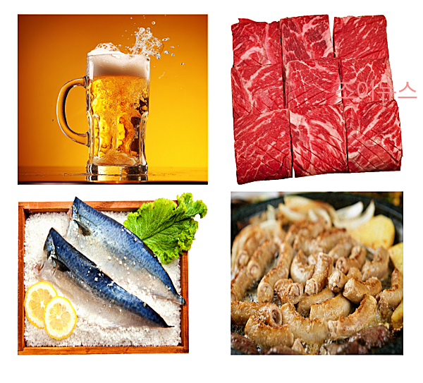 퓨린 함량이 높은 식품, 맥주/붉은고기/등푸른생선/내장음식