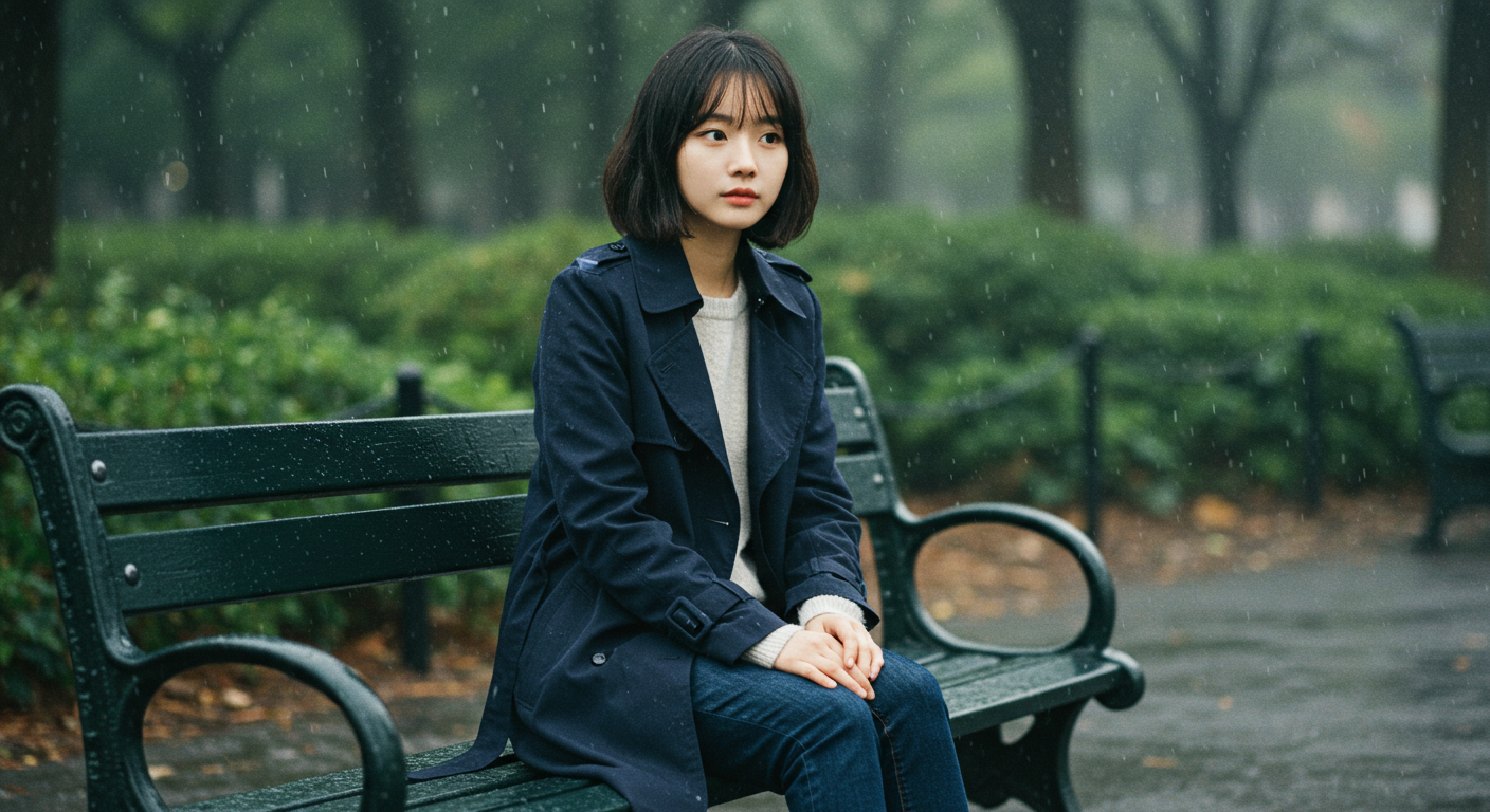 비오는 공원에 앉아있는 단발머리 한국여성