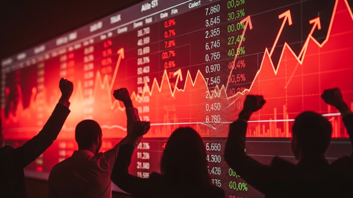 주식 시장 전광판이 화려한 빨간색으로 물들고, 상승 화살표와 함께 환호하는 투자자들의 실루엣