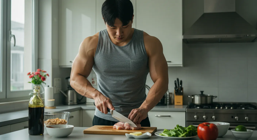 주방에서 닭가슴살을 손질하는 남성 이미지