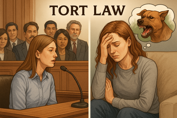 공격적인 개에게 물린 뒤 정신적 고통을 겪는 여성이 법정에서 증언하는 모습을 묘사한 일러스트. 왼쪽은 법정에서 진술하는 장면, 오른쪽은 개에 대한 트라우마를 떠올리는 피해자의 모습.
