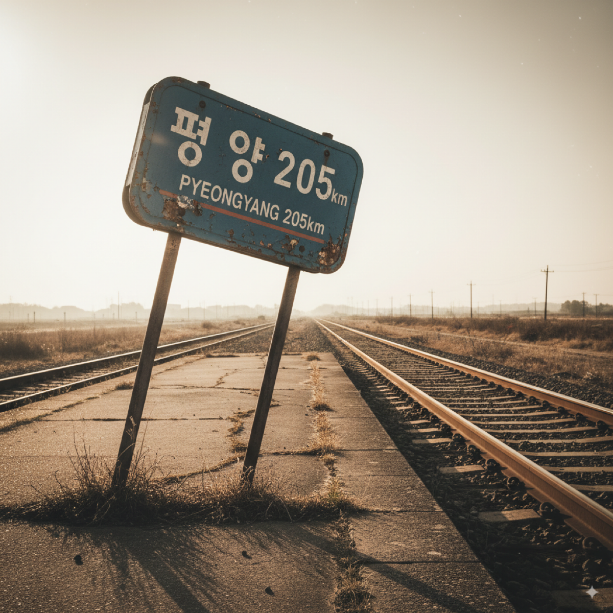 고요한 도라산역 플랫폼에 '평양'이라고 쓰인 이정표가 서 있는 모습