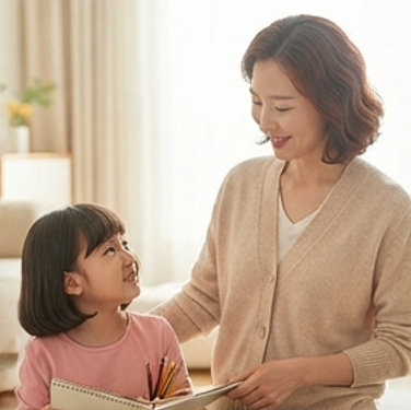 웃으며 대화하는 엄마와 딸