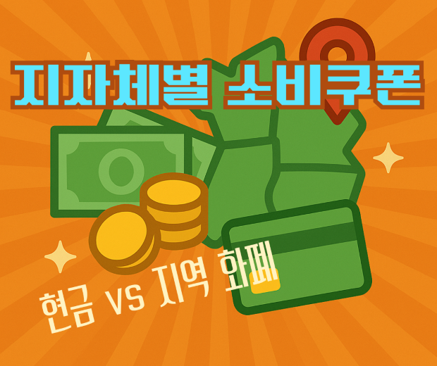 "주황색 라디얼 배경 위, 중앙에 한국 지도 아이콘이 있고 좌측에는 지폐와 동전으로 표현된 현금 아이콘, 우측에는 지역화폐 카드를 형상화한 아이콘이 배치된 일러스트"