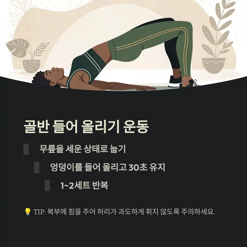 무릎을 세운 자세로 골반을 들어 올리는 둔근 강화 및 허리 통증 완화 운동