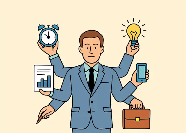 1인 법인 대표가 창업 준비와 세무&middot;아이디어를 동시에 수행하는 비즈니스 컨셉 일러스트